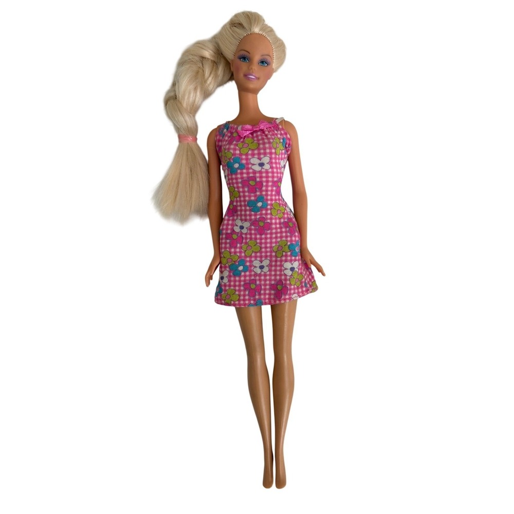 Vintage 1999 Mattel Barbie Doll Blonde Hair Blue Eyes Pink Gingham Floral Dress